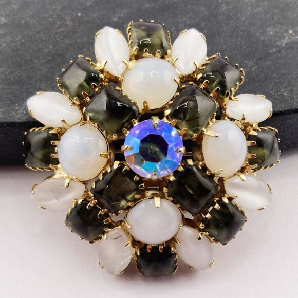 VINTAGE White moonstone, smoky grey, and AB rhinestone statement brooch goth pin - Picture 1 of 7